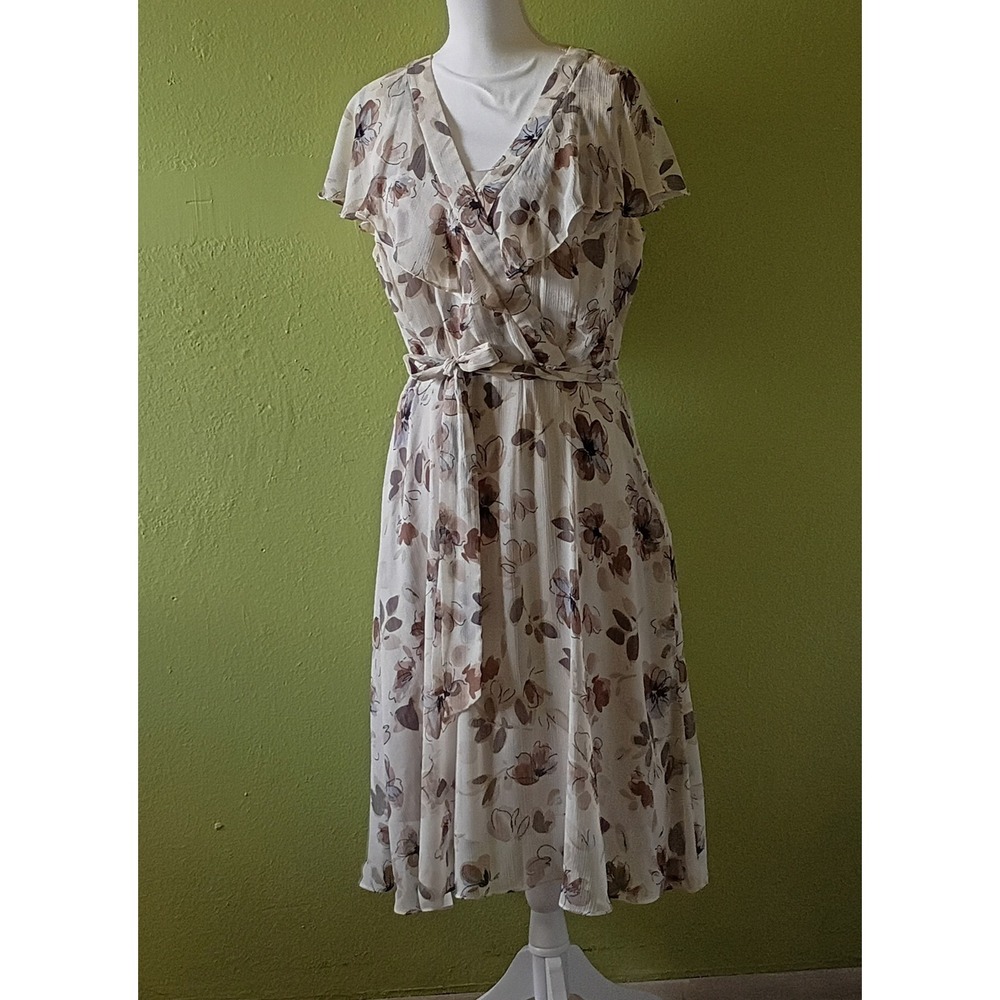 Romantic Parisian Chic Floral Sheer Dress Size 12 Flutter‎ Sleeve Cream Brown